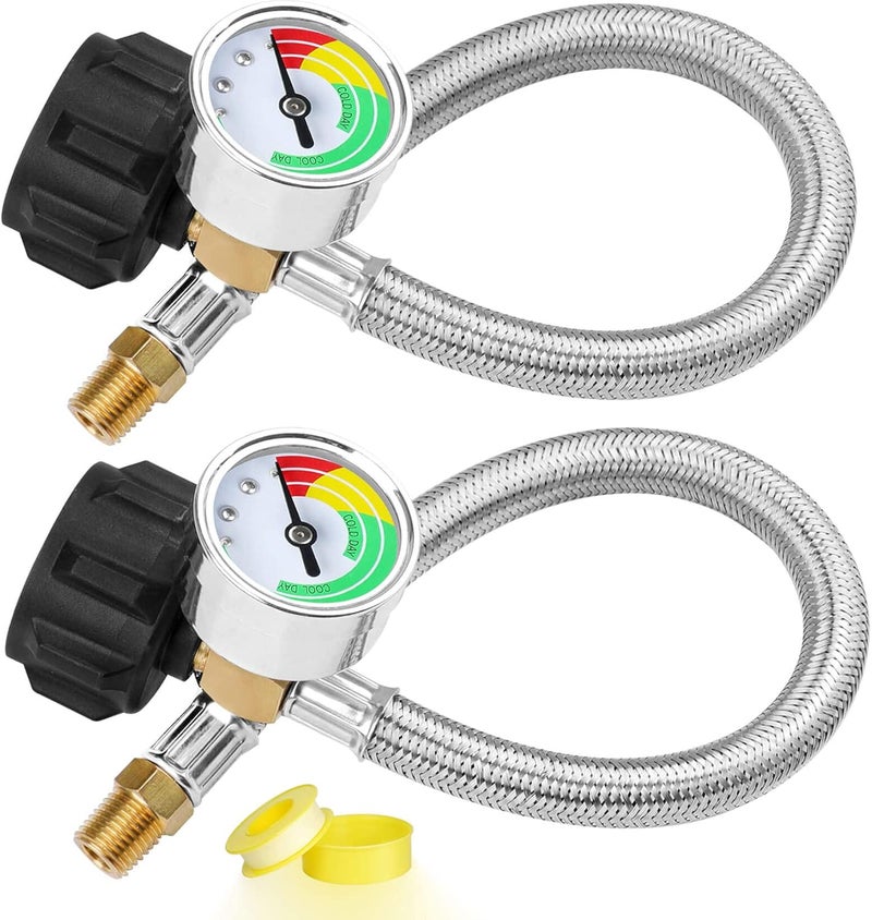 Aekops 15 inch RV Propane Hose Replacement with Gauge, 2 Pack Camper Propane Hose for Standard Two Stage Regulator, Stainless Steel Braided RV Gas H-ose for Camper- 1/4 Male NPT x QCC1, 350PSI - Image 1